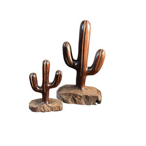 2 Ironwood Hand Carved Saguaro Cactus Sculptures Southwestern Decor 8" & 5" Tall